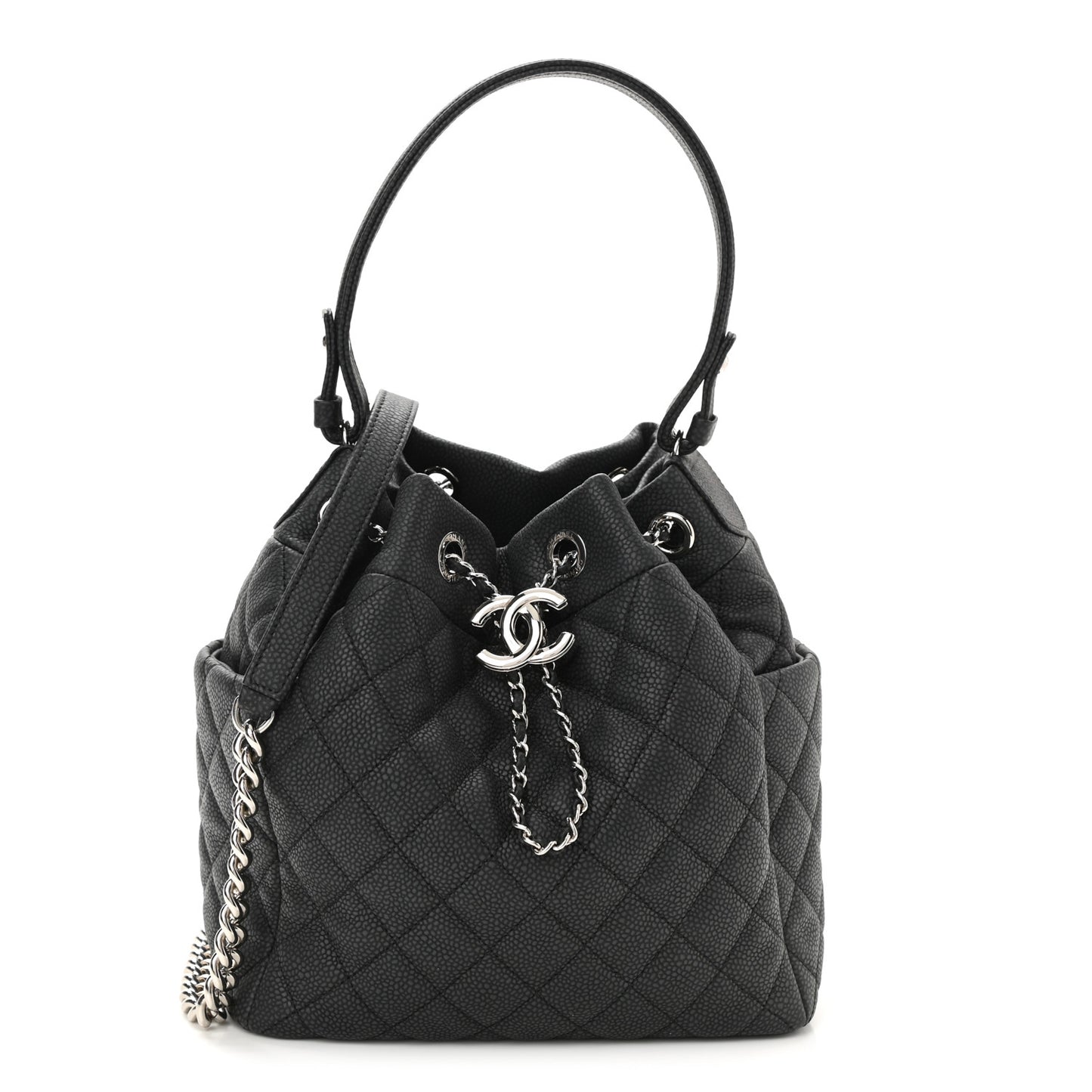 Caviar Flat Quilted CC Chain Bucket Drawstring Bag Black