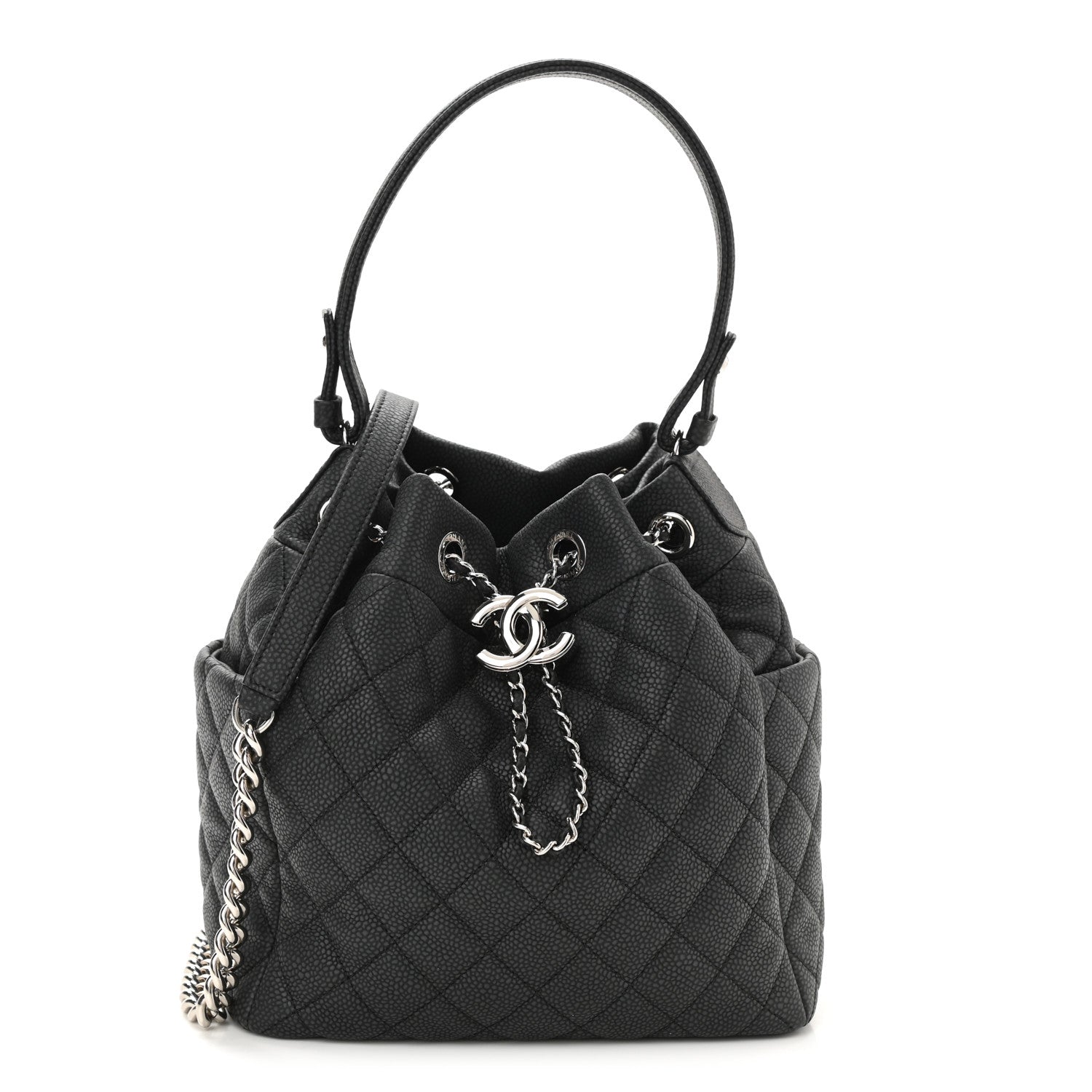 Chanel Caviar Flat Quilted CC Chain Bucket Drawstring Bag Black 1 of 9