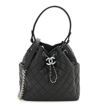 Chanel Caviar Flat Quilted CC Chain Bucket Drawstring Bag Black 1 of 9