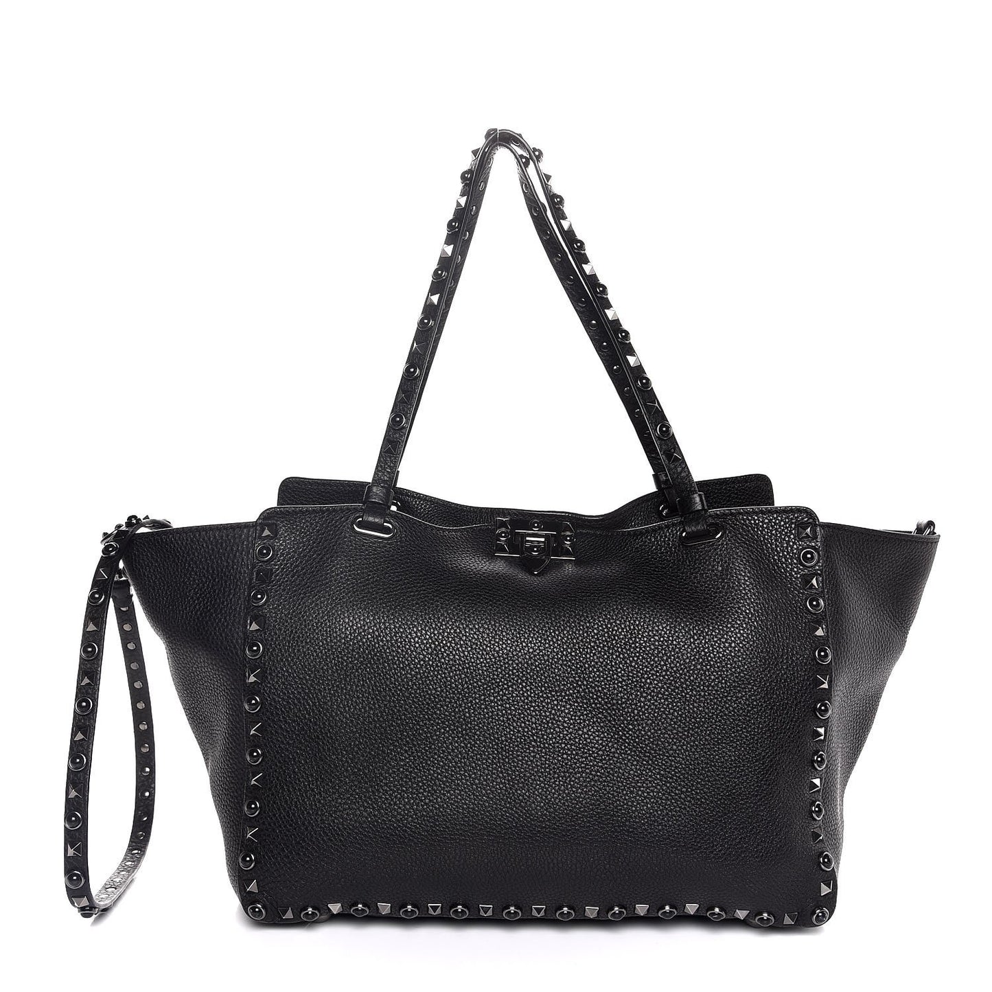 Grained Calfskin Onyx Medium Rockstud Rolling Tote Black