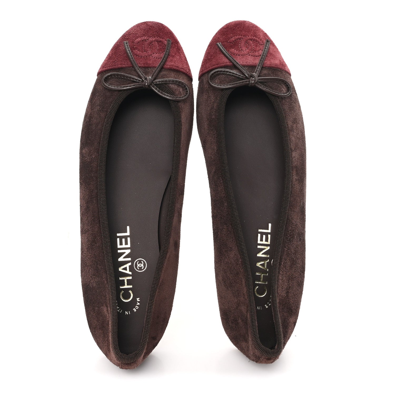 Chanel Suede Calfskin Cap Toe CC Ballerina Flats 38.5 Dark Brown Burgundy 5 of 9