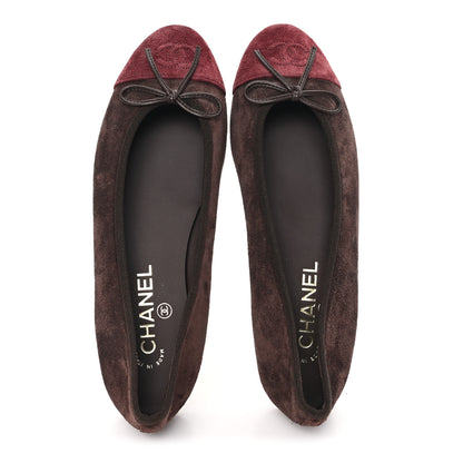 Chanel Suede Calfskin Cap Toe CC Ballerina Flats 38.5 Dark Brown Burgundy 5 of 9