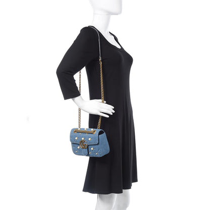 Gucci Denim Matelasse Pearl Studded Mini GG Marmont Shoulder Bag Blue 2 of 11
