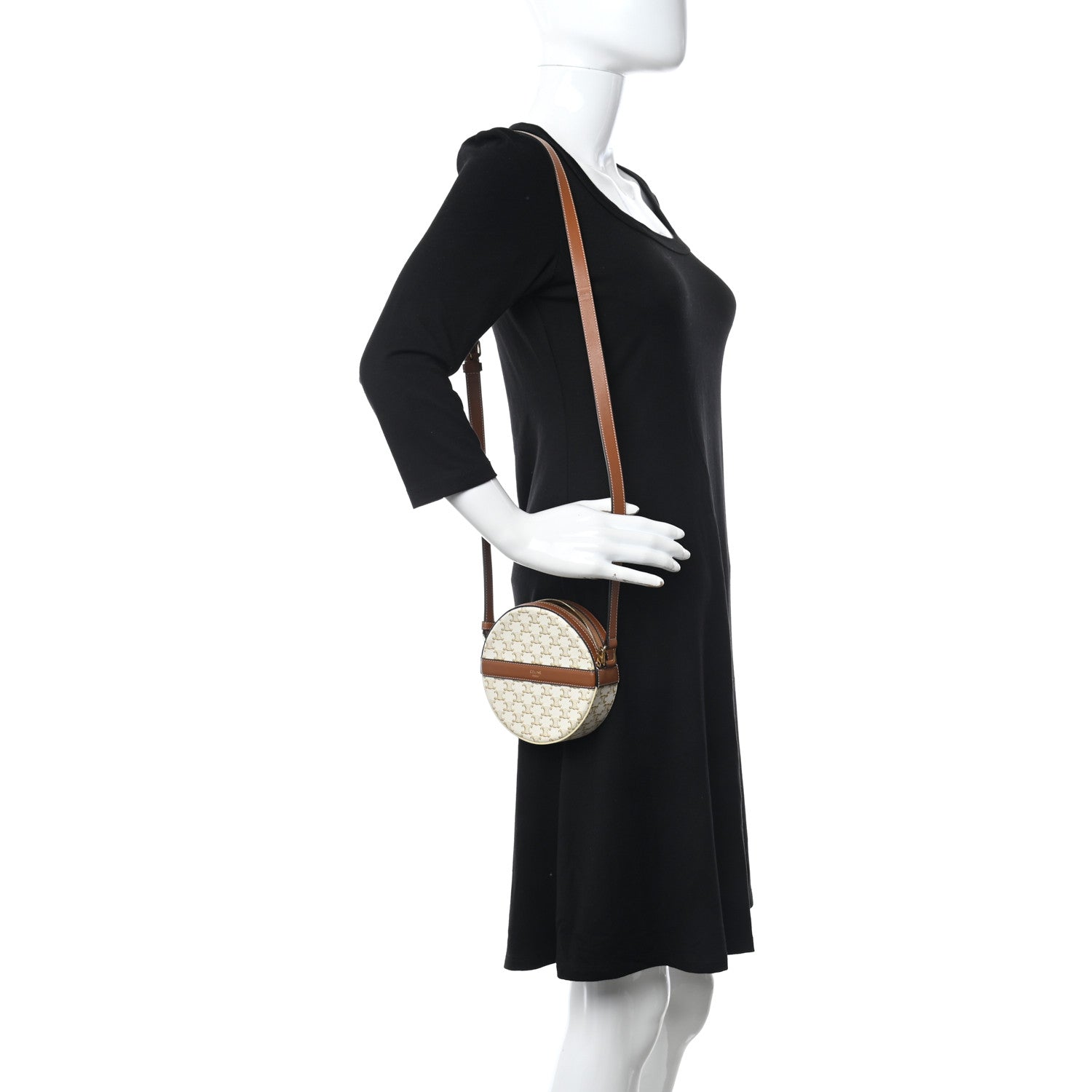 Celine Lambskin Triomphe Canvas Round Purse On Strap White Tan 2 of 8