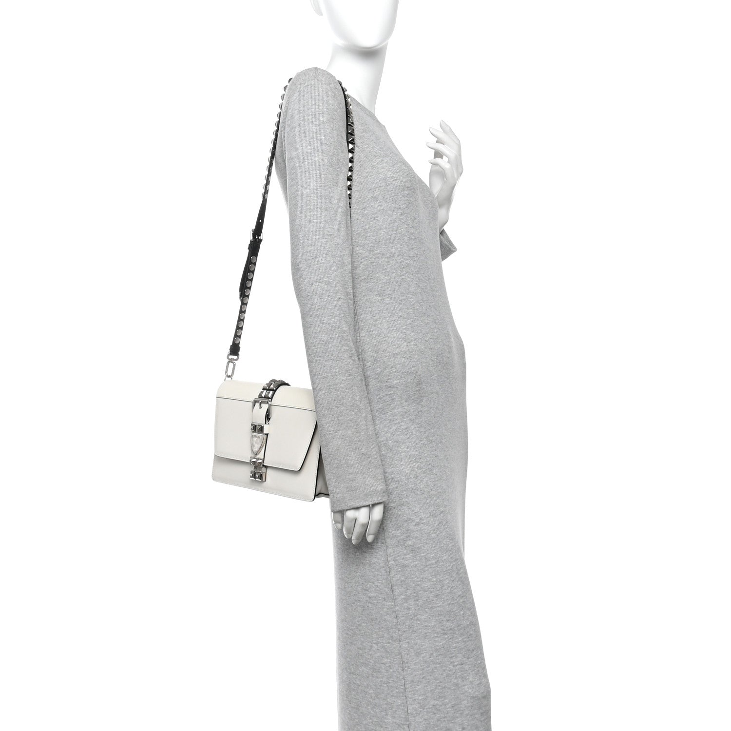 Prada Saffiano City Calfskin Studded Small Elektra Shoulder Bag White Black 2 of 9