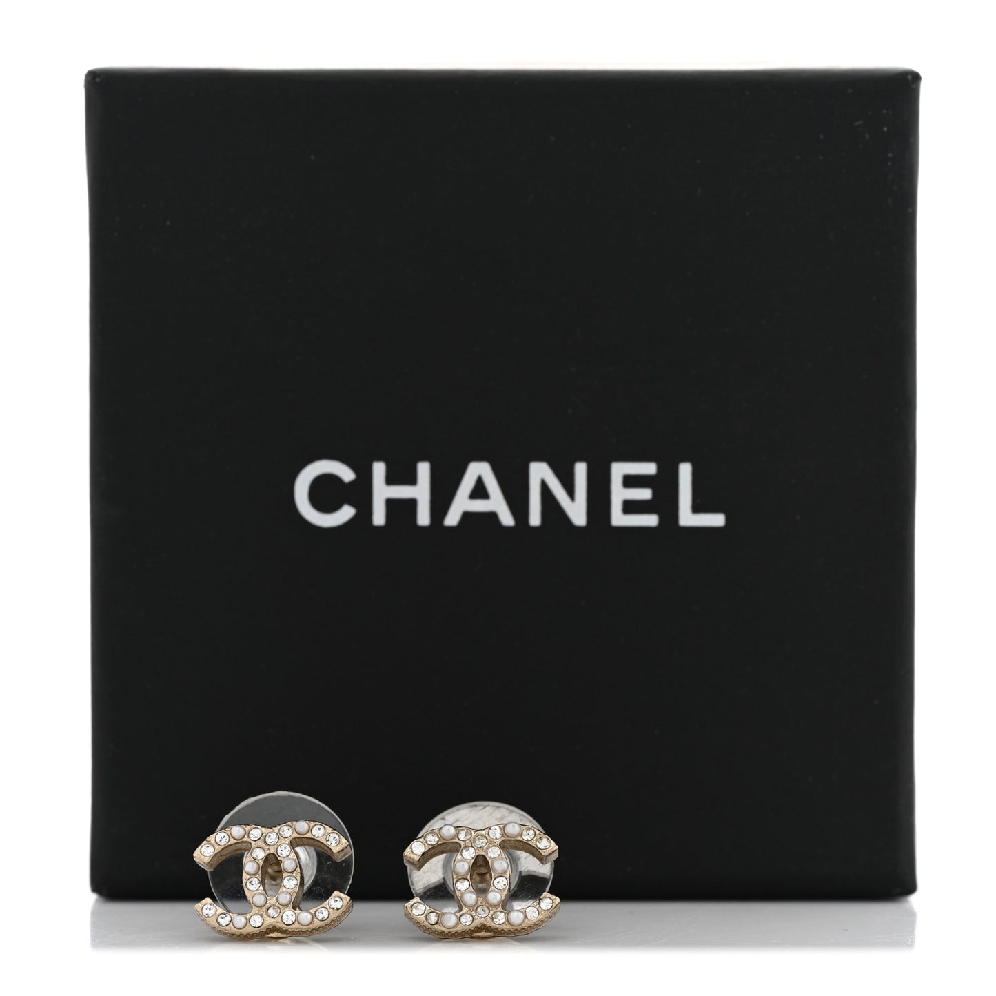 Pearl Crystal CC Charms Stud Earrings Light Gold