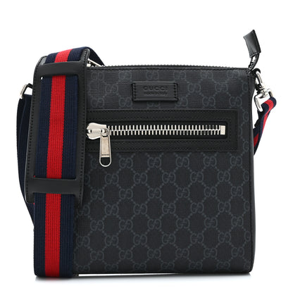 Gucci GG Supreme Monogram Web Small Flat Messenger Bag Black Grey 1 of 10