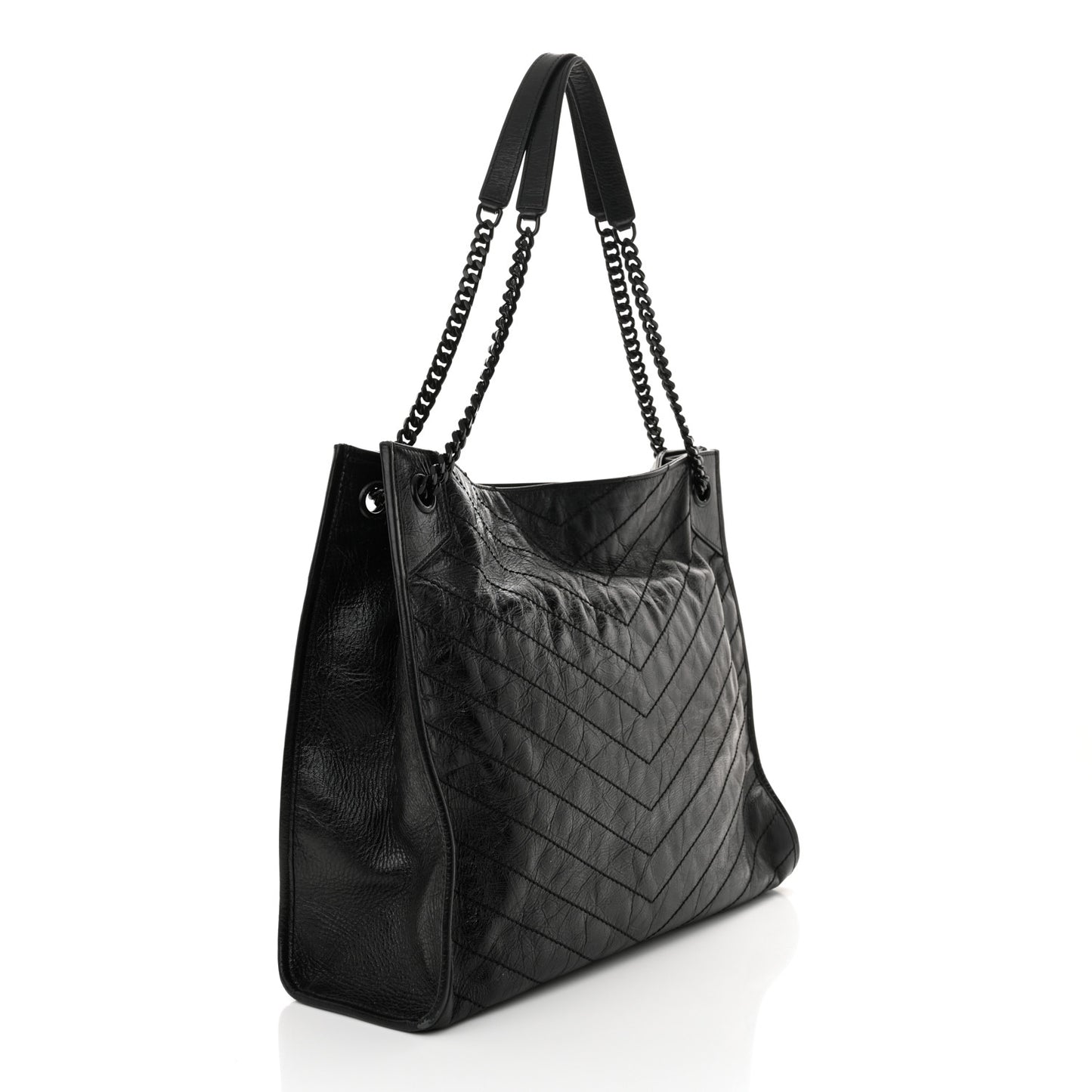 Crinkled Calfskin Matelasse Monogram Large Niki Shopper Tote Black