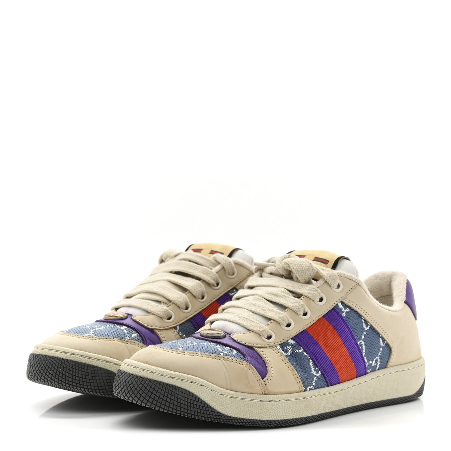Calfskin Lame GG Monogram Web Womens Screener Sneakers 37.5 Blue Silver Dusty Milk Shine Purple