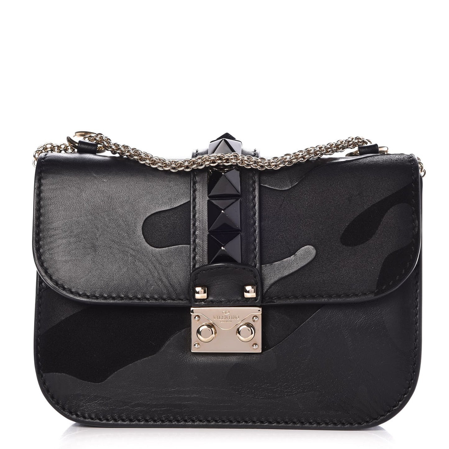 Nappa Camouflage Small Glam Lock Rockstud Flap Black
