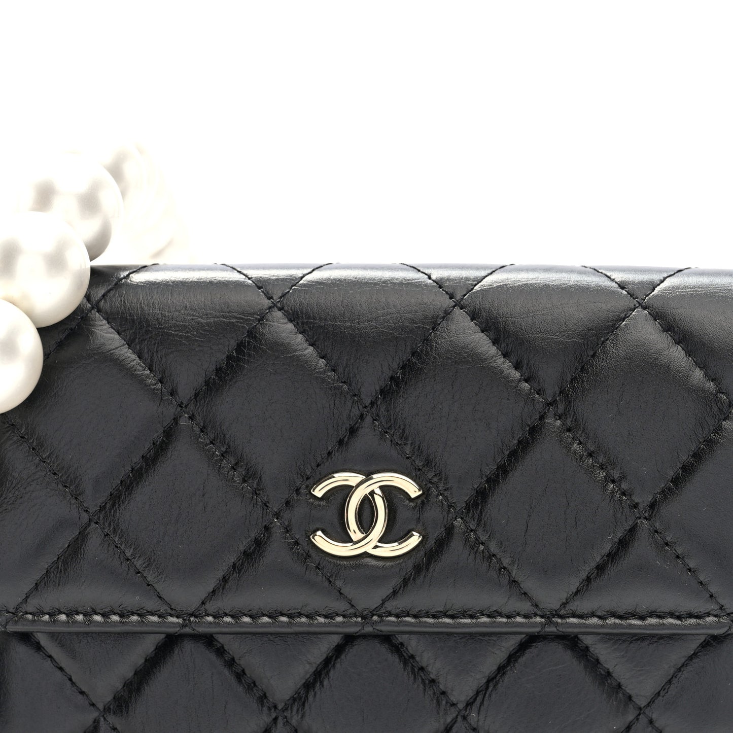 Calfskin Quilted Maxi Pearls Clutch With Chain Black