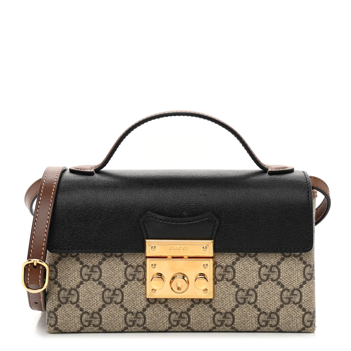 GG Supreme Monogram Calfskin Mini Padlock Top Handle Shoulder Bag Beige Black Cuir