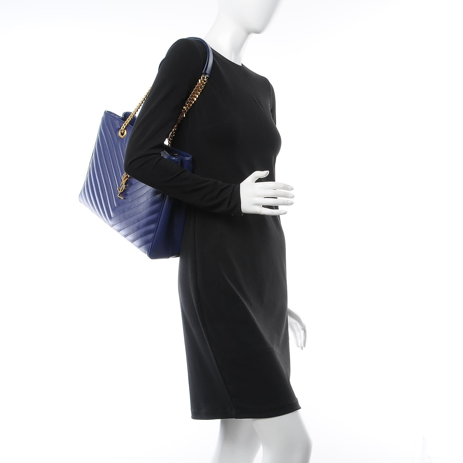 Saint Laurent Grain De Poudre Matelasse Chevron Monogram Shopping Bag Deep Marine 2 of 9