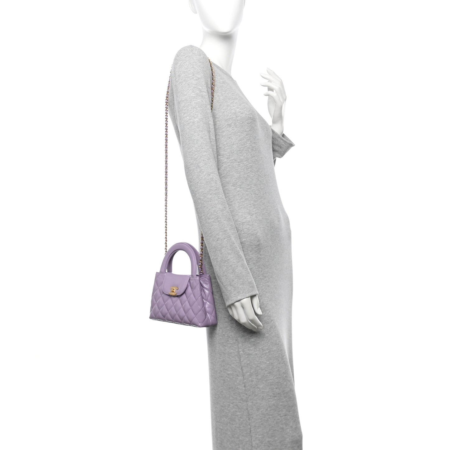 Shiny Aged Calfskin Quilted Nano Kelly Shopper Lilac