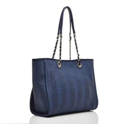 Chanel Mixed Fibers Striped Small Deauville Tote Navy Blue 3 of 10