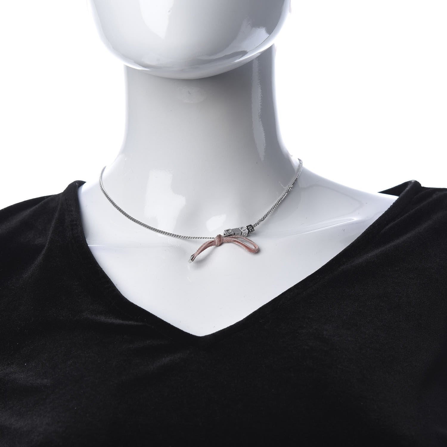 Christian Dior Velvet Bow Block Letter Necklace Silver Pink 2 of 5