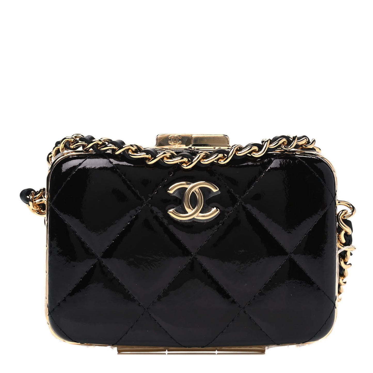 Glazed Goatskin Quilted Small Box With Chain Black