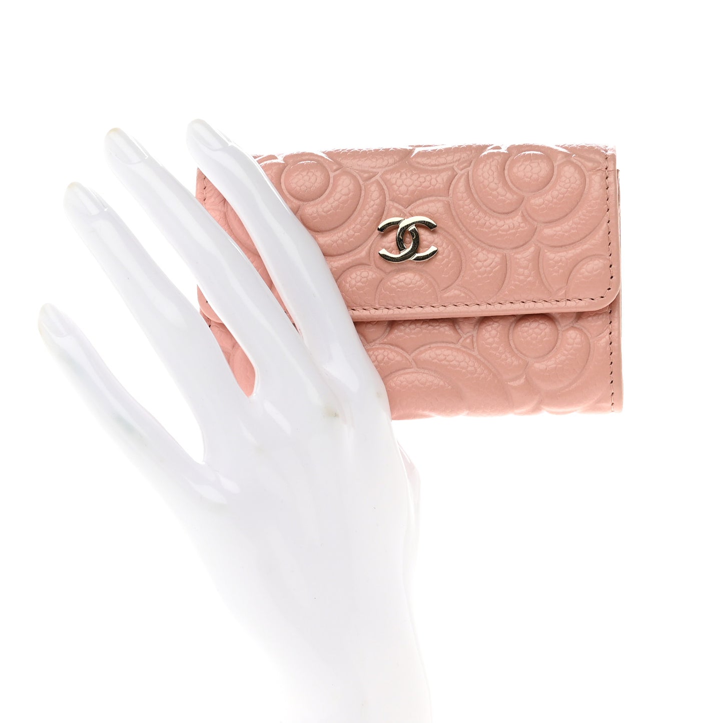 Caviar Camellia Embossed Card Holder Wallet Pink