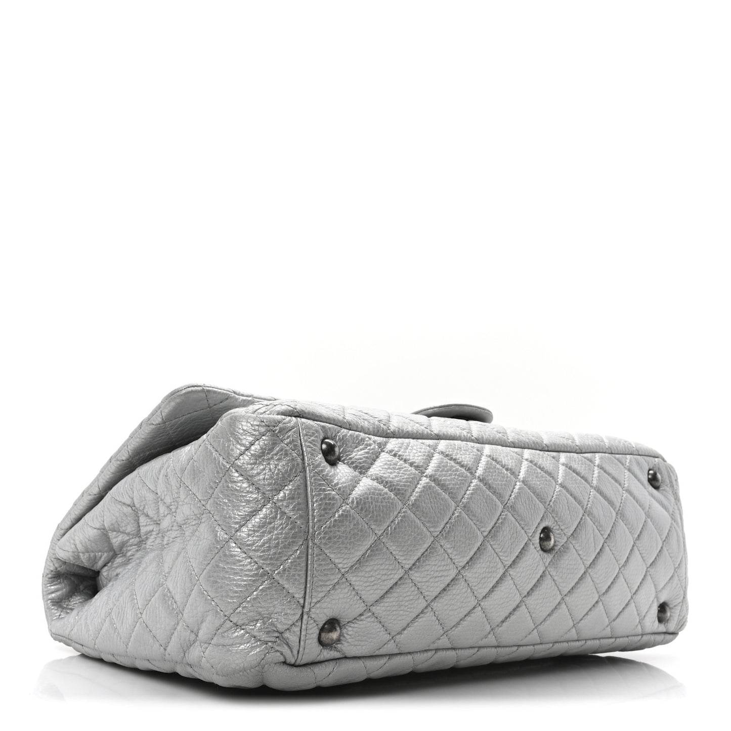 Metallic Calfskin Quilted XXL Travel Flap Bag Silver