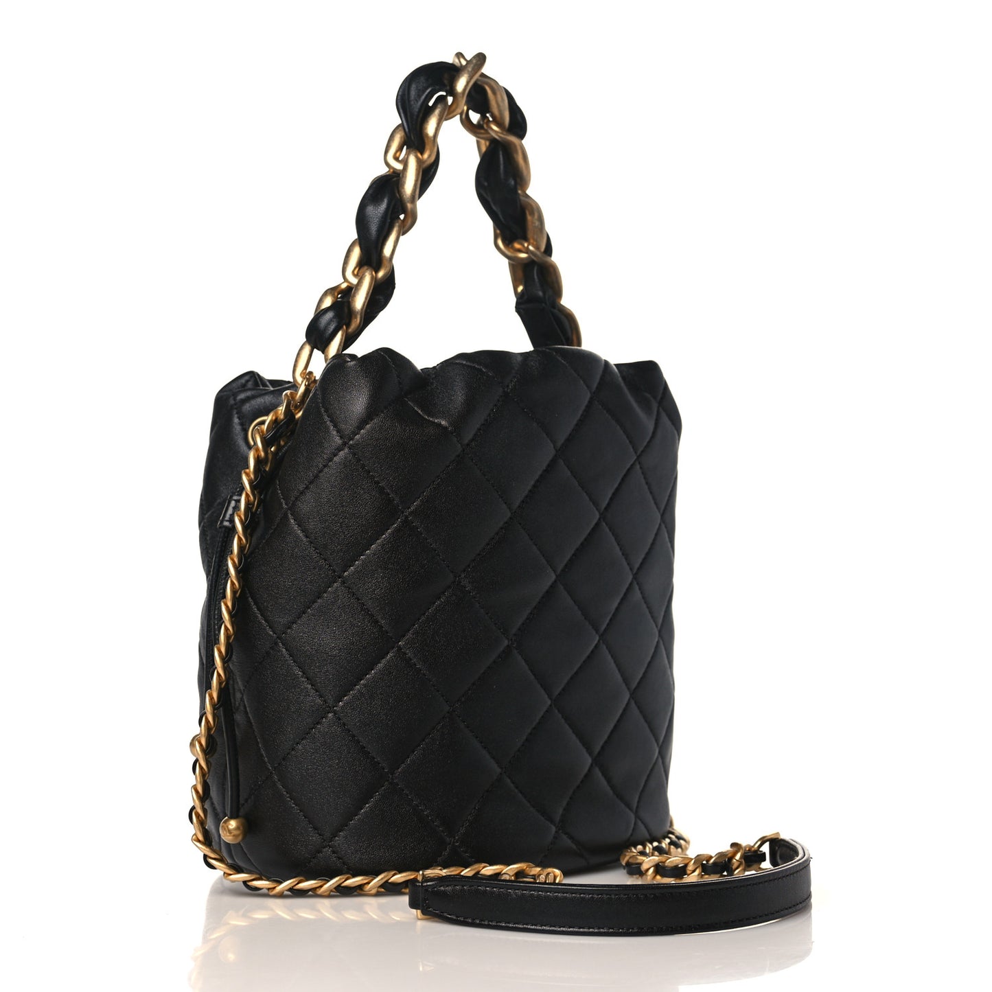 Shiny Lambskin Quilted Chain Is More Drawstring Bag Black