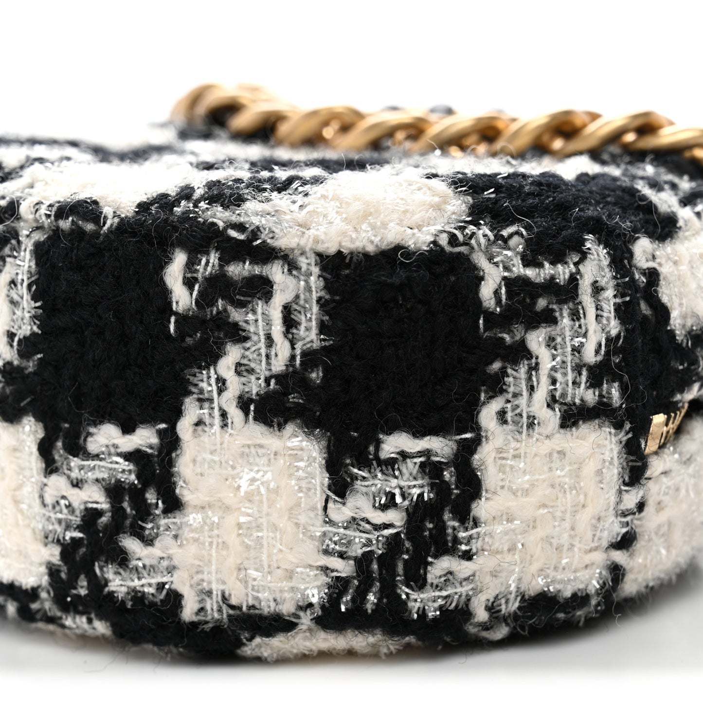 Wool Tweed Lambskin Quilted Chanel 19 Round Clutch With Chain and Coin Purse Black White Ecru