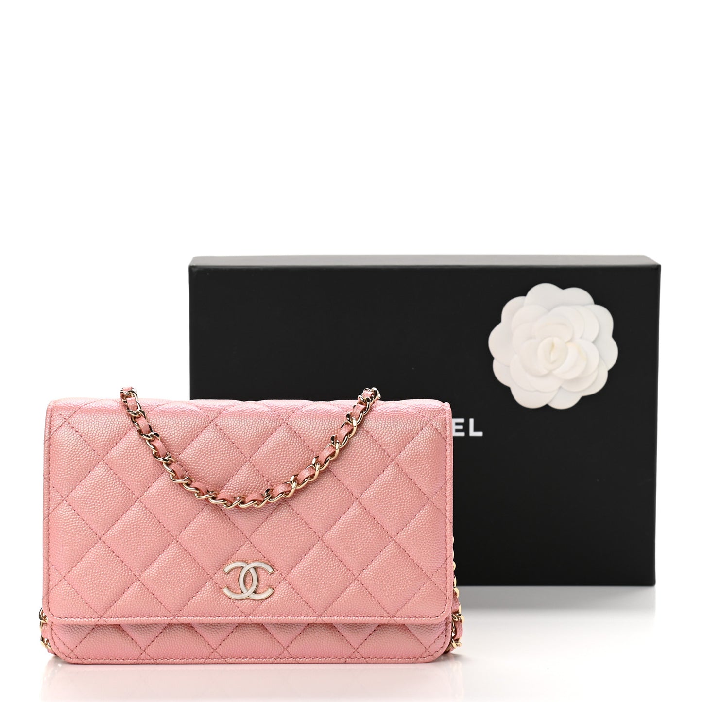 Iridescent Caviar Quilted Wallet on Chain WOC Rose Pink