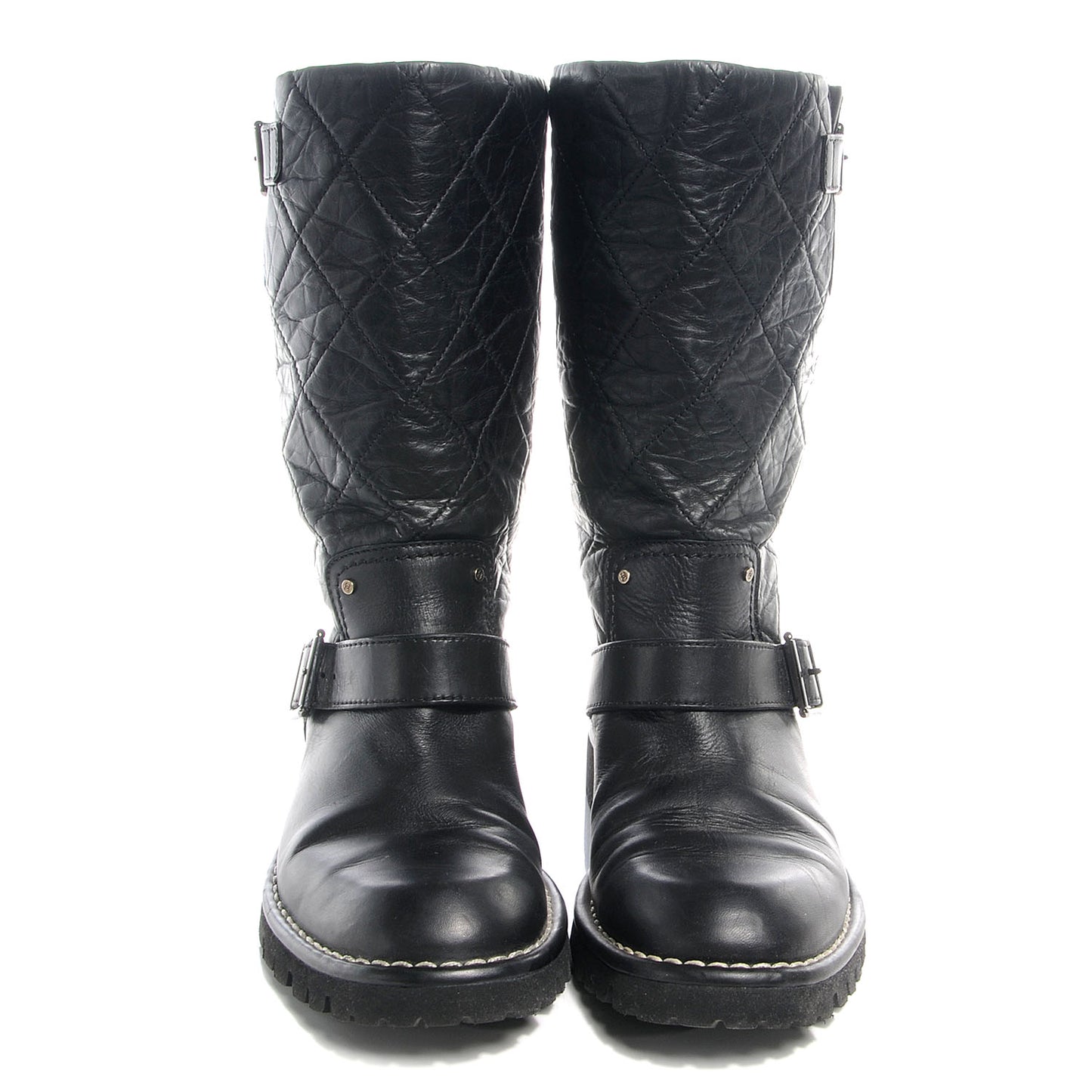 Calfskin Quilted Biker Boots 37 Black