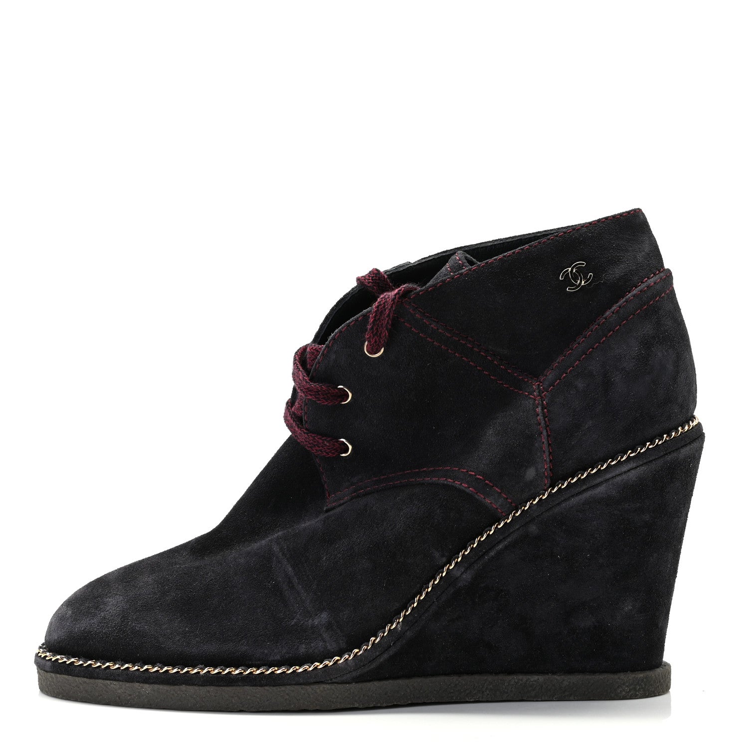 Chanel Suede Calfskin Lace Up Wedge Booties 39.5 Dark Blue 1 of 7