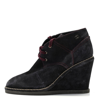Chanel Suede Calfskin Lace Up Wedge Booties 39.5 Dark Blue 1 of 7