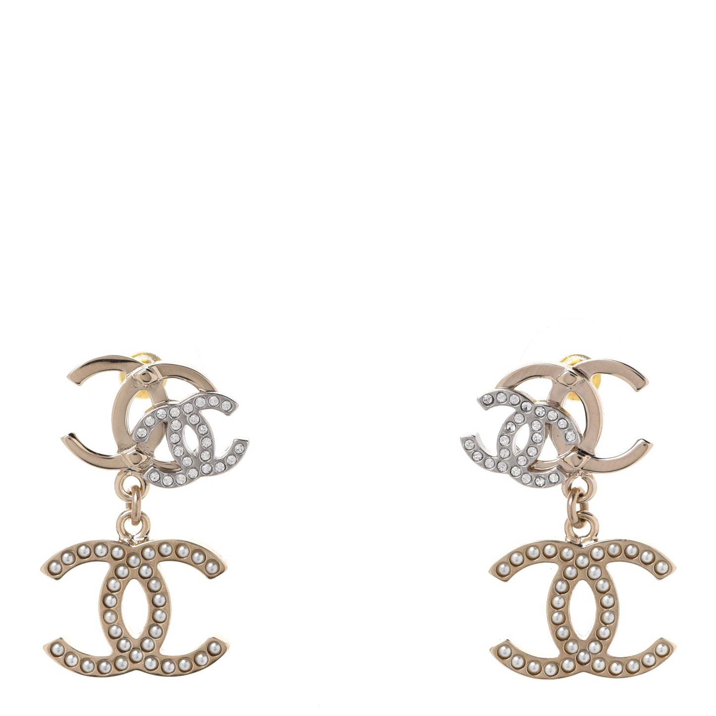 Crystal Pearl Double CC Drop Earrings Gold Silver