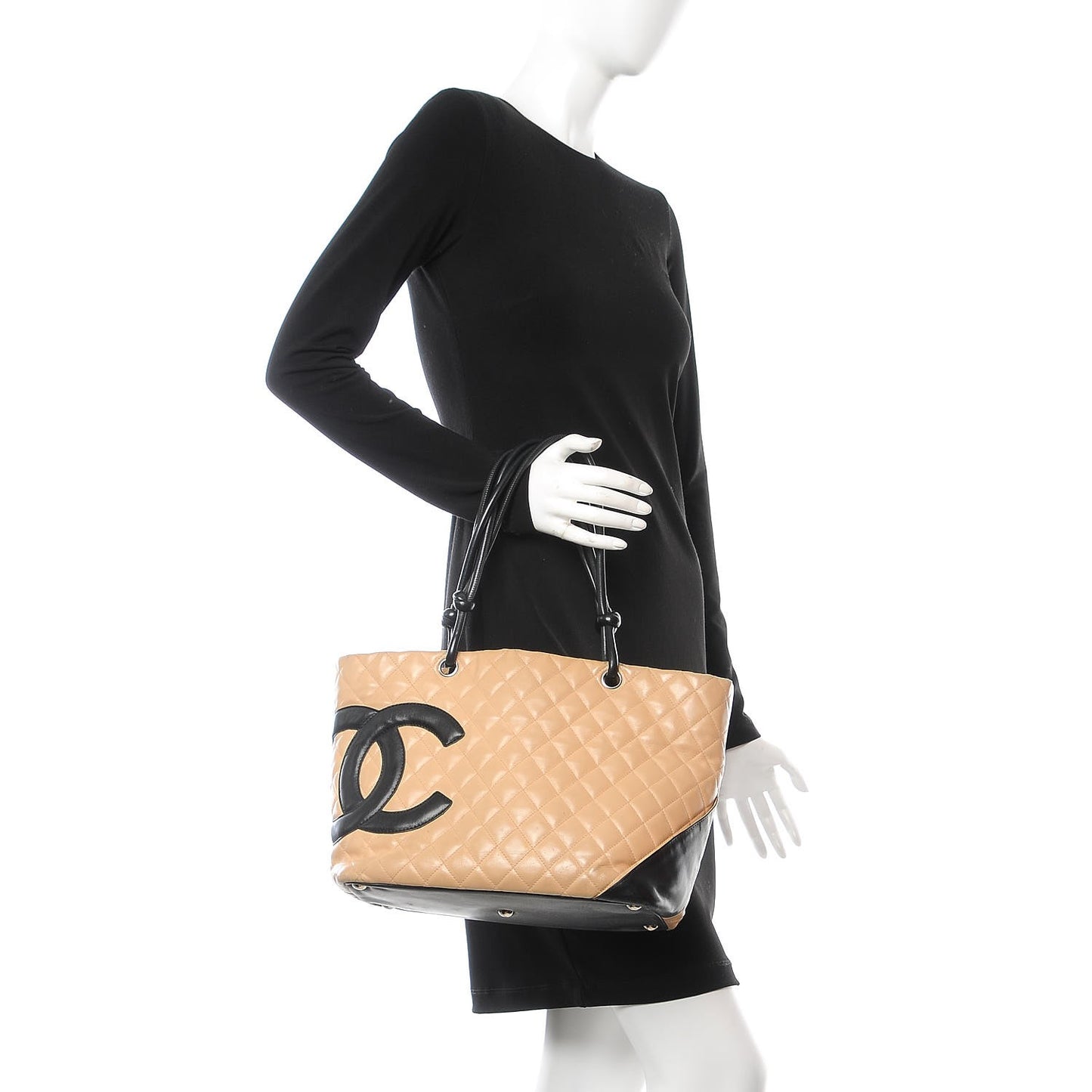 Calfskin Quilted Large Cambon Tote Beige Black