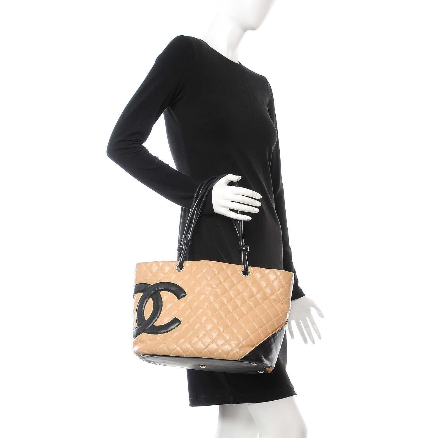 Chanel Calfskin Quilted Large Cambon Tote Beige Black 2 of 16