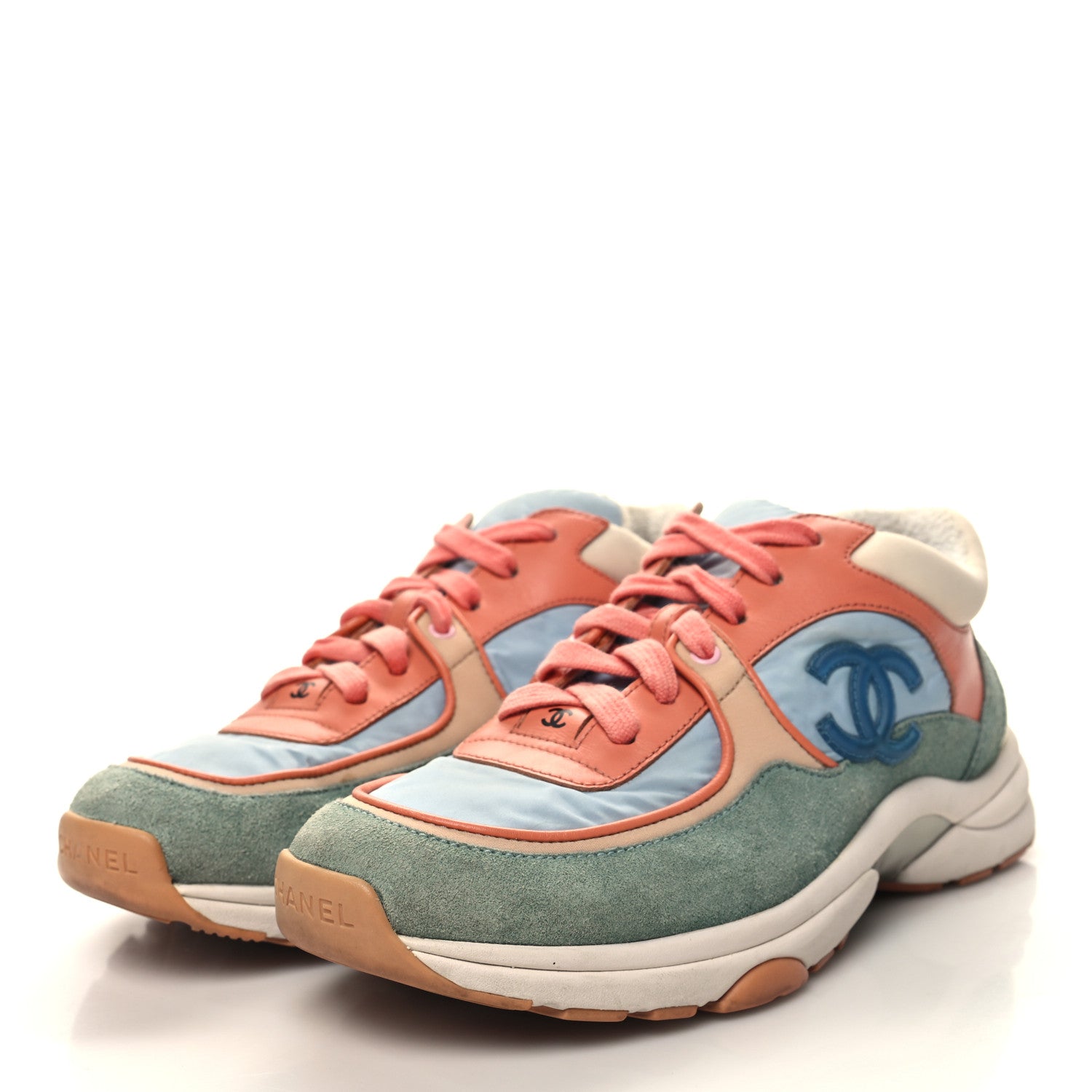 Chanel Nylon Lambskin Suede Calfskin CC Sneakers 37 Coral Light Blue White 3 of 8