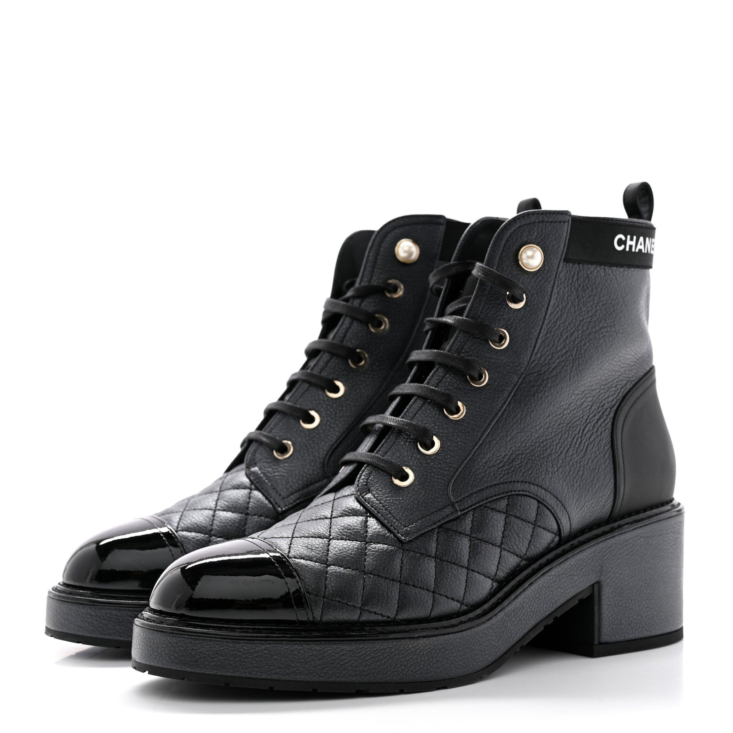 Pearly Calfskin Patent Calfskin Lace Up Combat Boots 40.5 Black