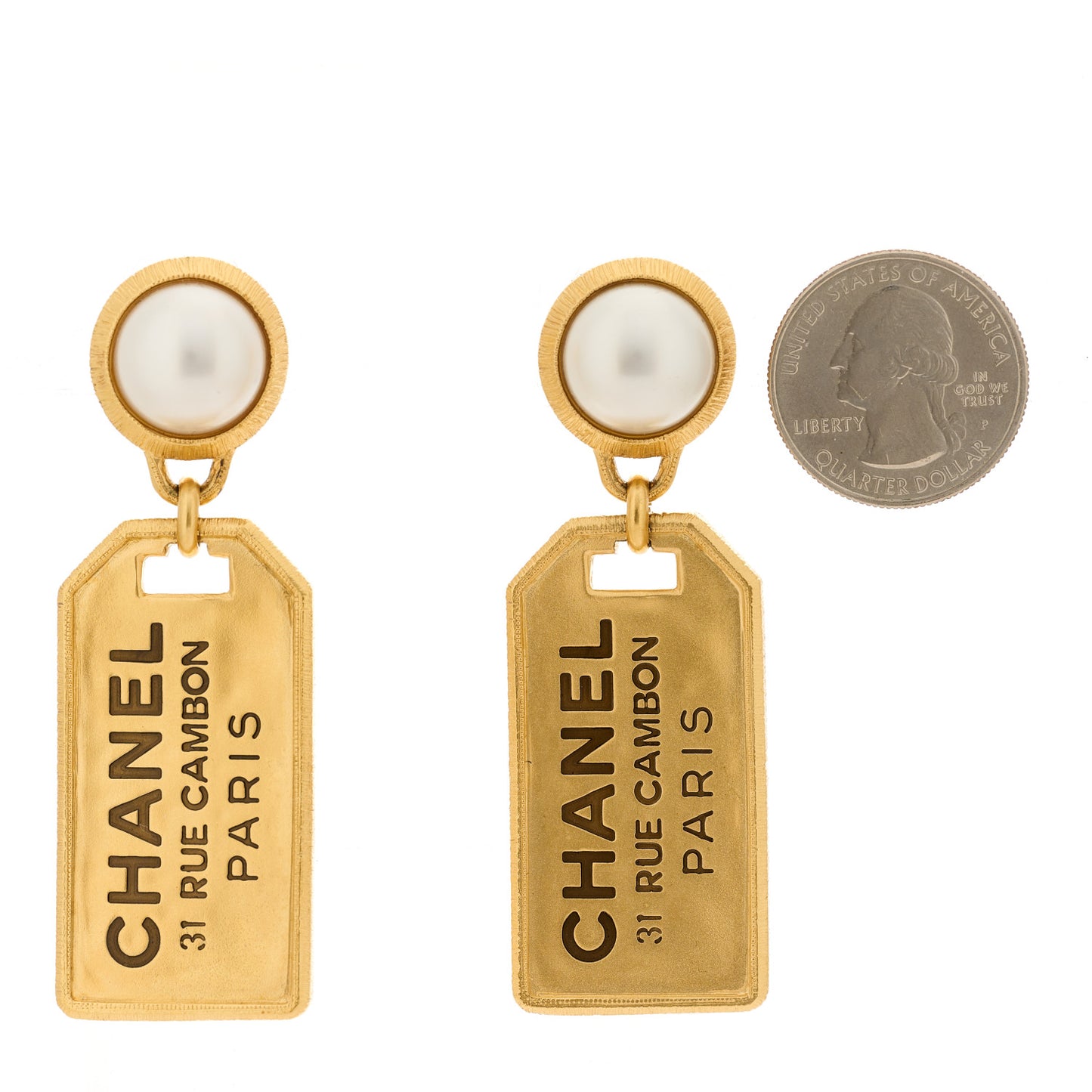 Pearl CC Tags Drop Earrings Gold