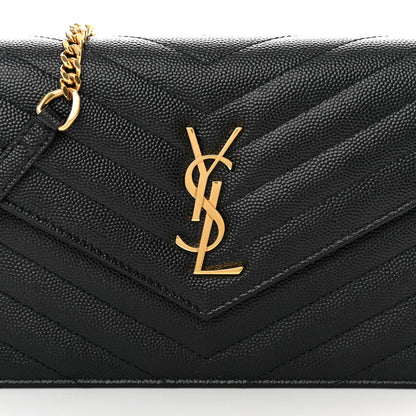 Saint Laurent Grain De Poudre Matelasse Chevron Monogram Envelope Chain Wallet Black 8 of 13