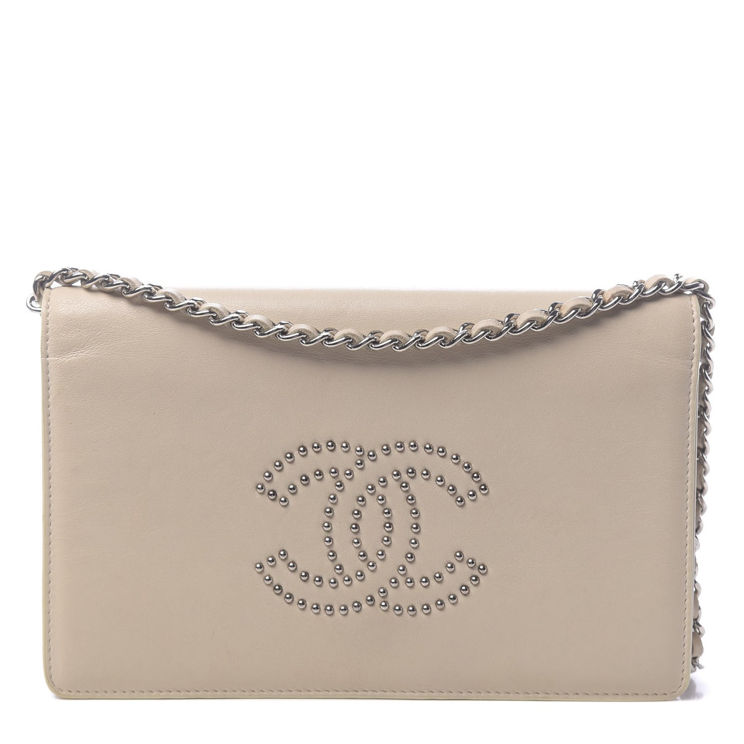 Lambskin Studded CC Wallet On Chain WOC Beige