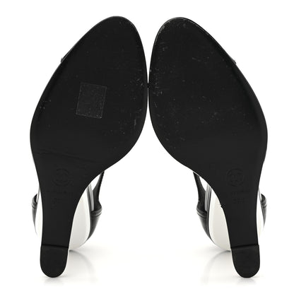Chanel Patent Cap Toe CC Wedge Ankle Strap Pumps 39.5 Black White 6 of 11
