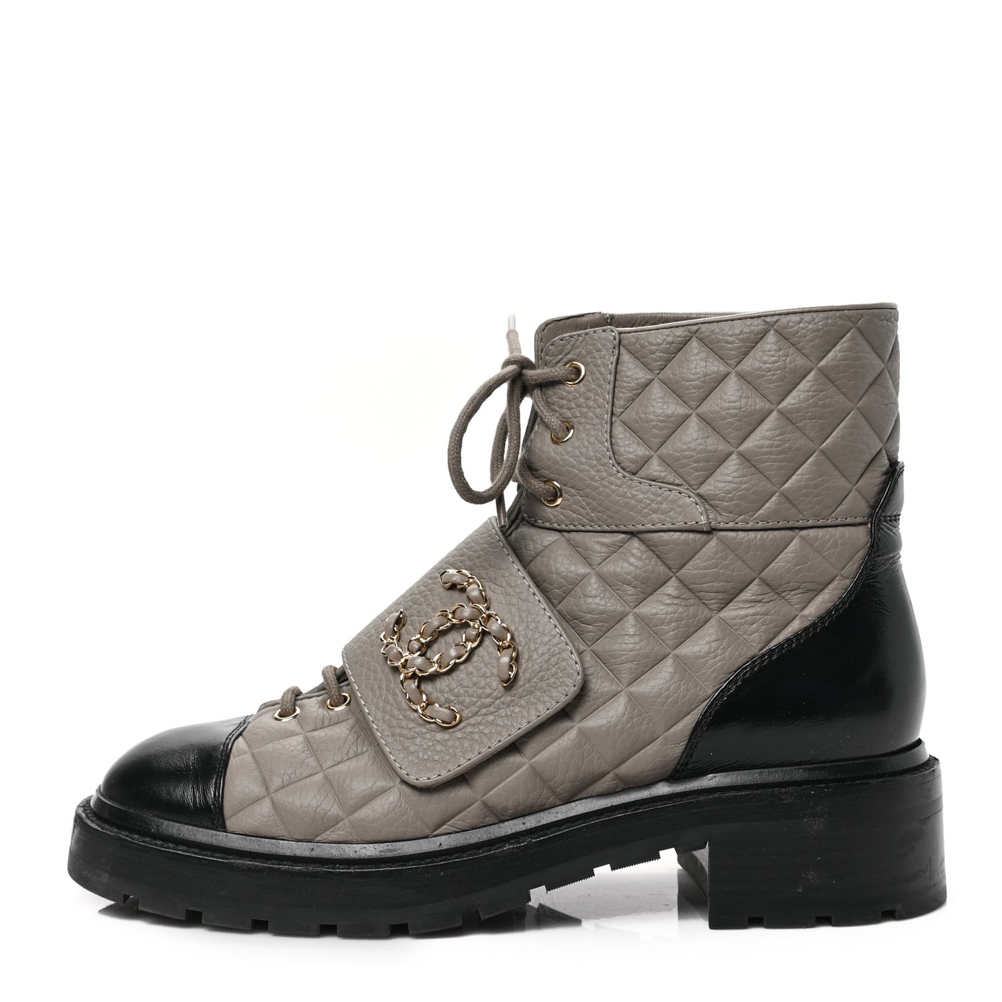 Calfskin Shiny Calfskin Quilted Lace Up Combat Boots 40 Dark Beige Black