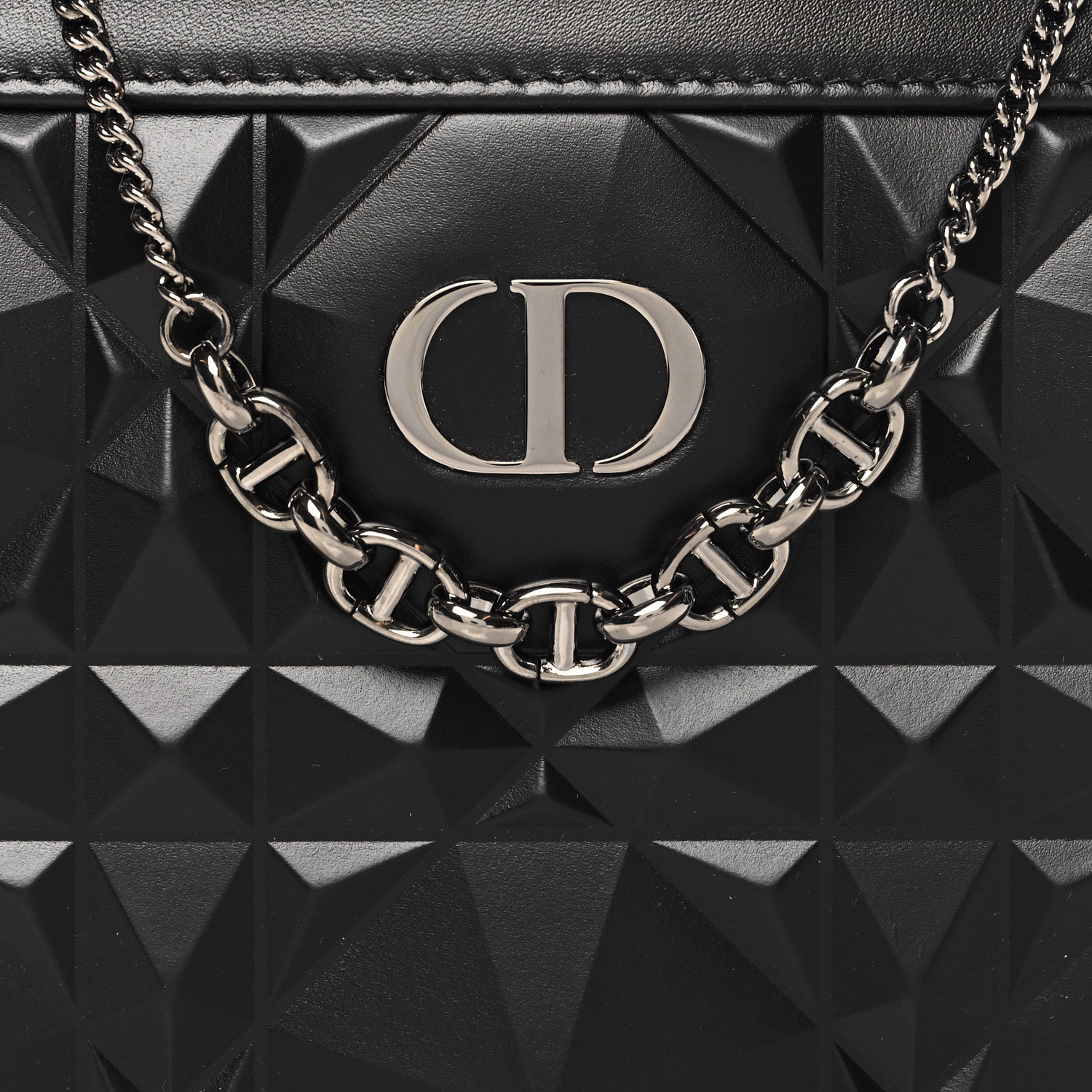 Christian Dior Calfskin Macrocannage Diamond Caro Zipped Pouch With Chain Black 7 of 9