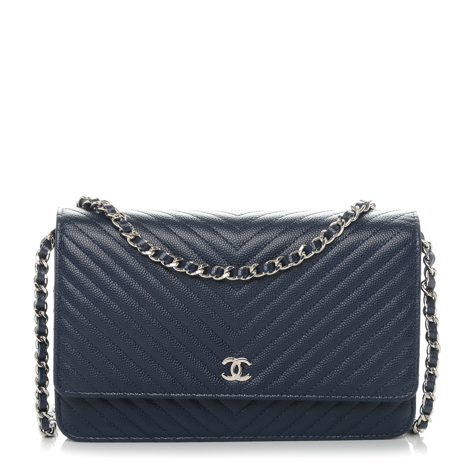 Chanel Caviar Chevron Wallet On Chain WOC Navy 1 of 8