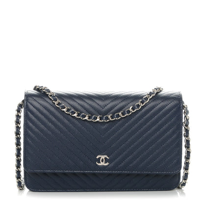 Chanel Caviar Chevron Wallet On Chain WOC Navy 1 of 8