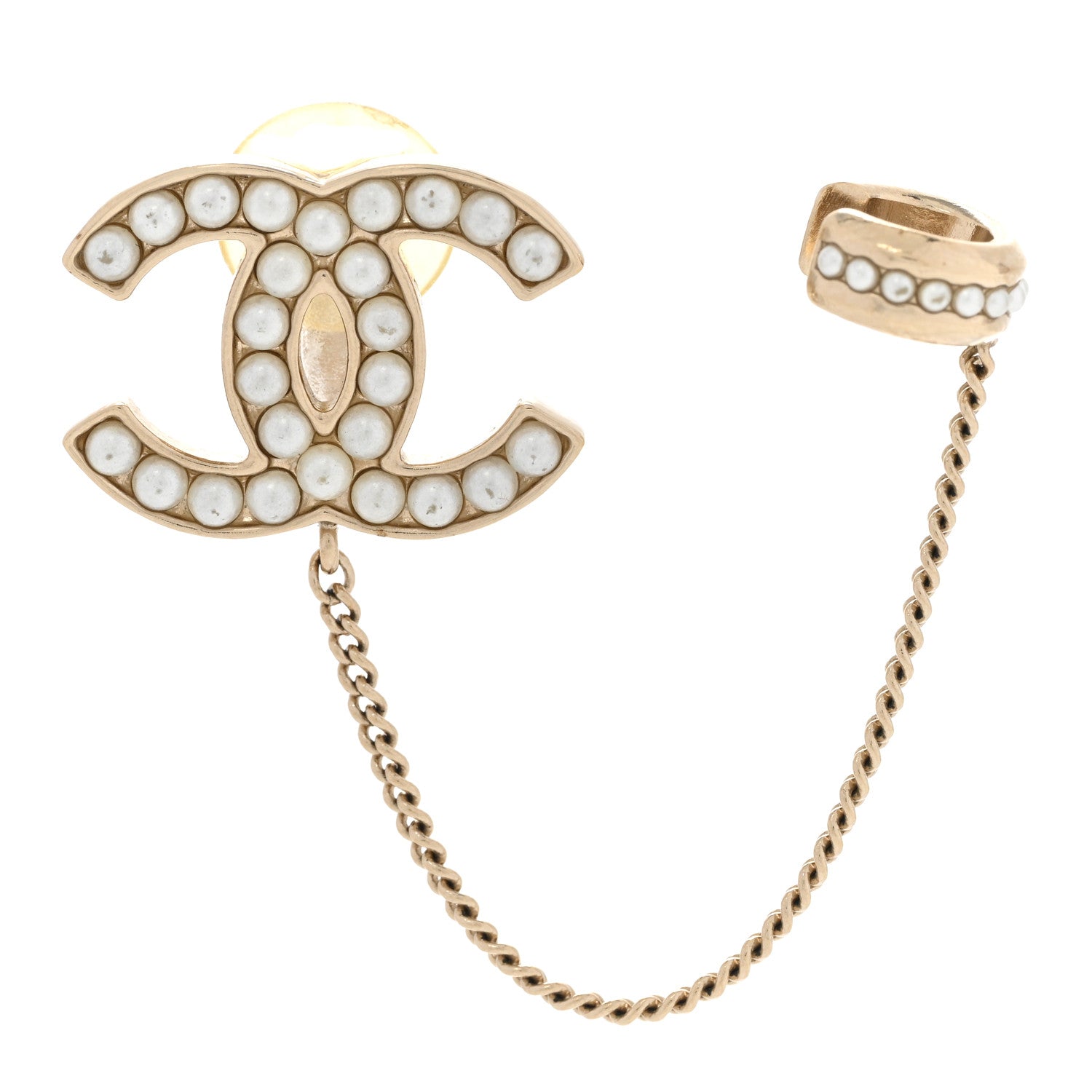 Chanel Pearl CC Chain Cuff Single Clip on Earring Gold Pearly White 1 of 5
