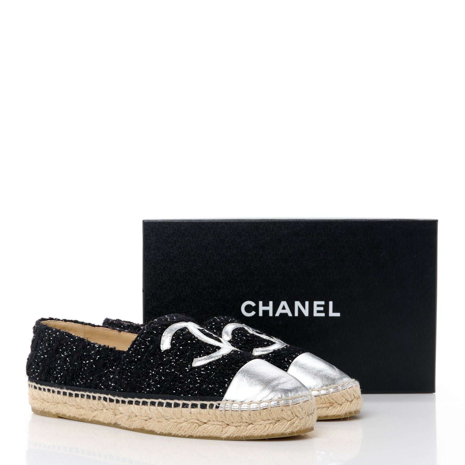 Chanel Metallic Lambskin Tweed CC Espadrilles 41 Black Silver 13 of 13