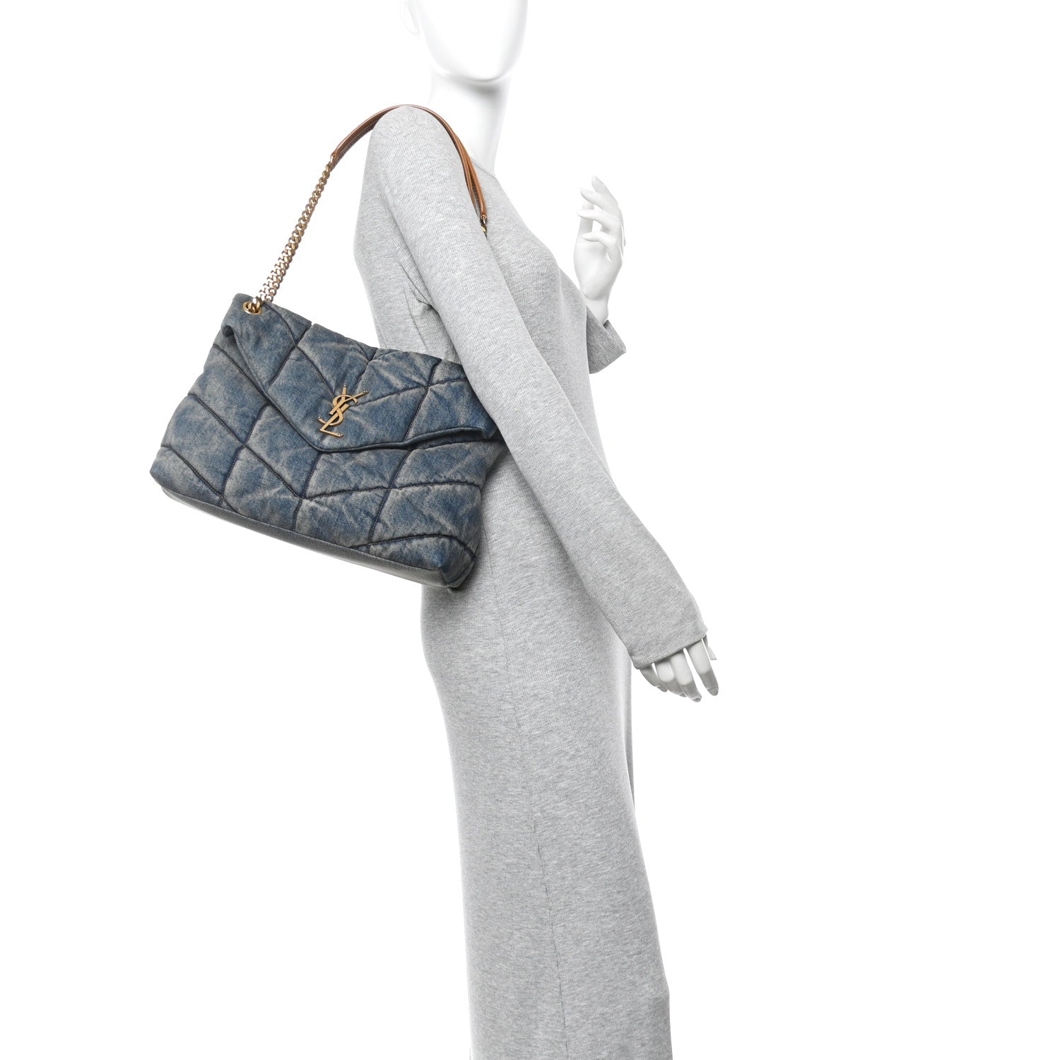 Saint Laurent Denim Quilted Medium Loulou Puffer Monogram Chain Satchel Blue Cinnamon 2 of 10