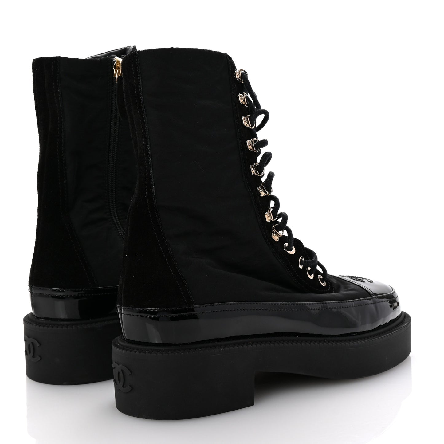 Nylon Suede Patent Calfskin Womens CC Lace Up Boots 38.5 Black
