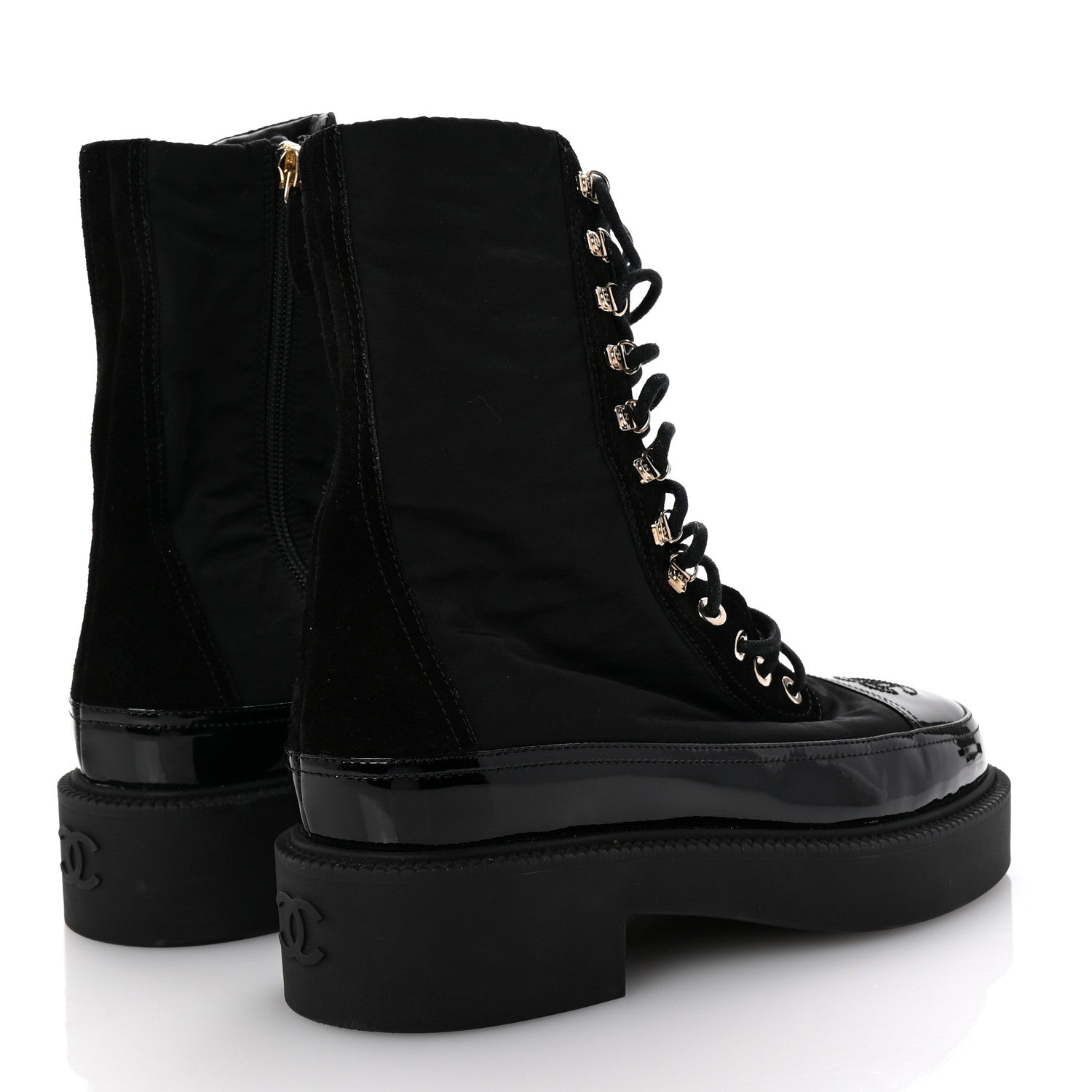 Chanel Nylon Suede Patent Calfskin Womens CC Lace Up Boots 38.5 Black 5 of 10