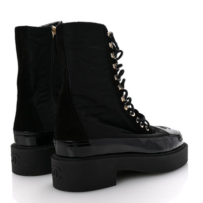 Chanel Nylon Suede Patent Calfskin Womens CC Lace Up Boots 38.5 Black 5 of 10