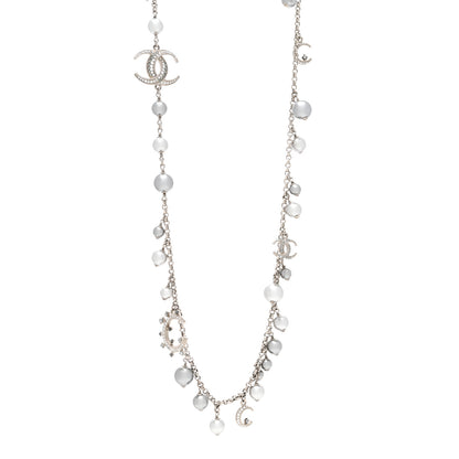 Chanel Crystal Pearl CC Moon Long Necklace Silver Grey 1 of 6