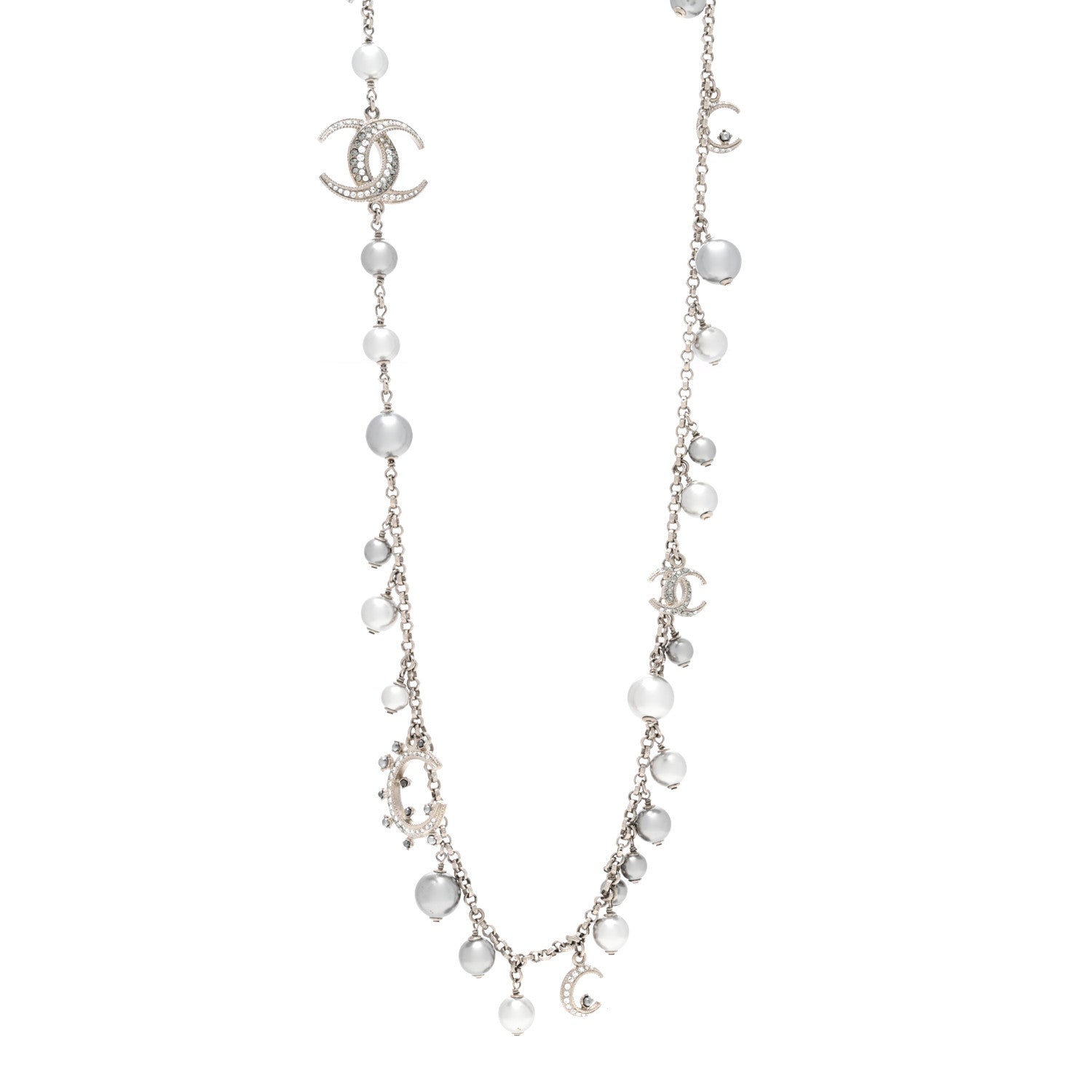 Chanel Crystal Pearl CC Moon Long Necklace Silver Grey 1 of 6